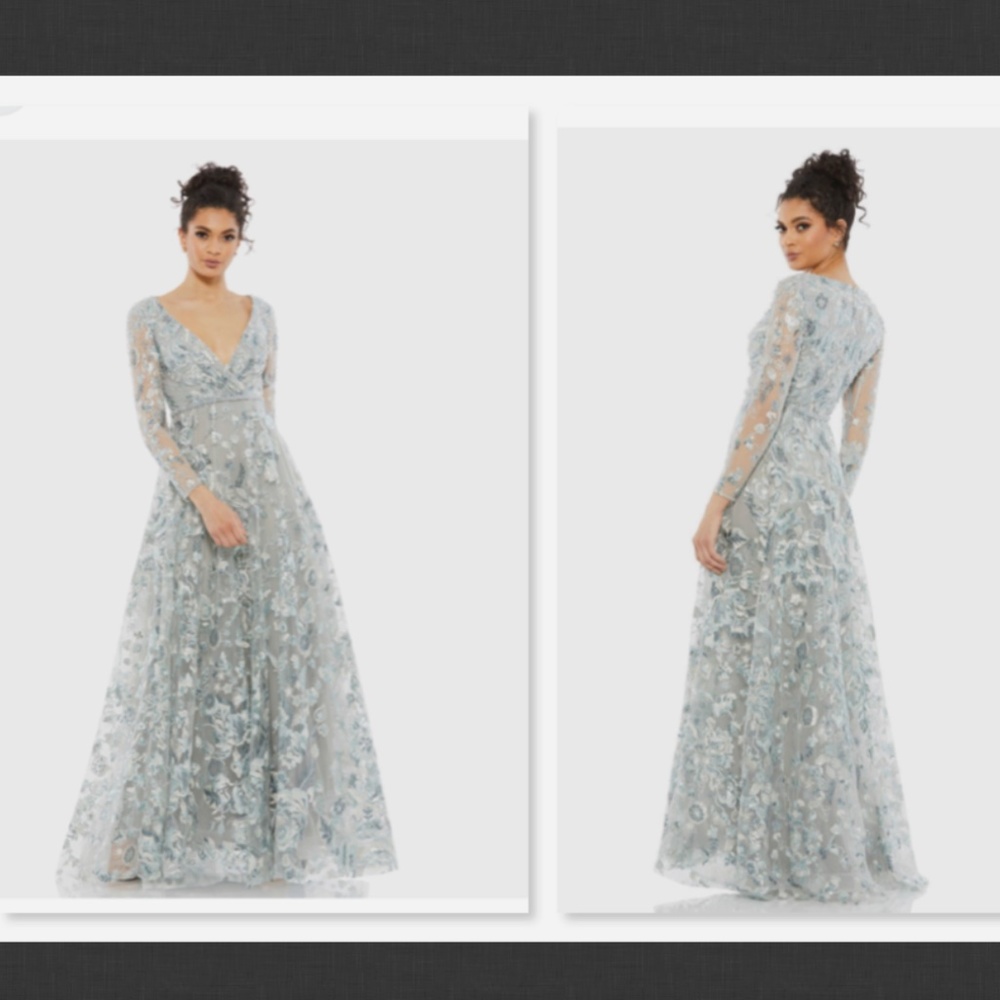 NWT $798 Mac Duggal Embellished V Neck Illusion Long Sleeve A Line Gown-Size 10